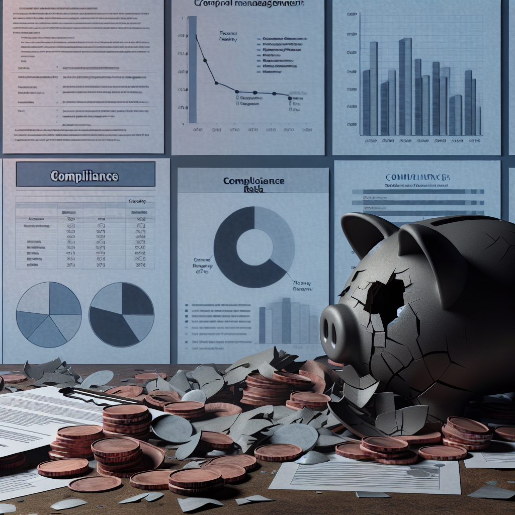 A metaphorical representation of financial fallout illustrating a broken piggy bank and scattered coins amidst compliance documents.