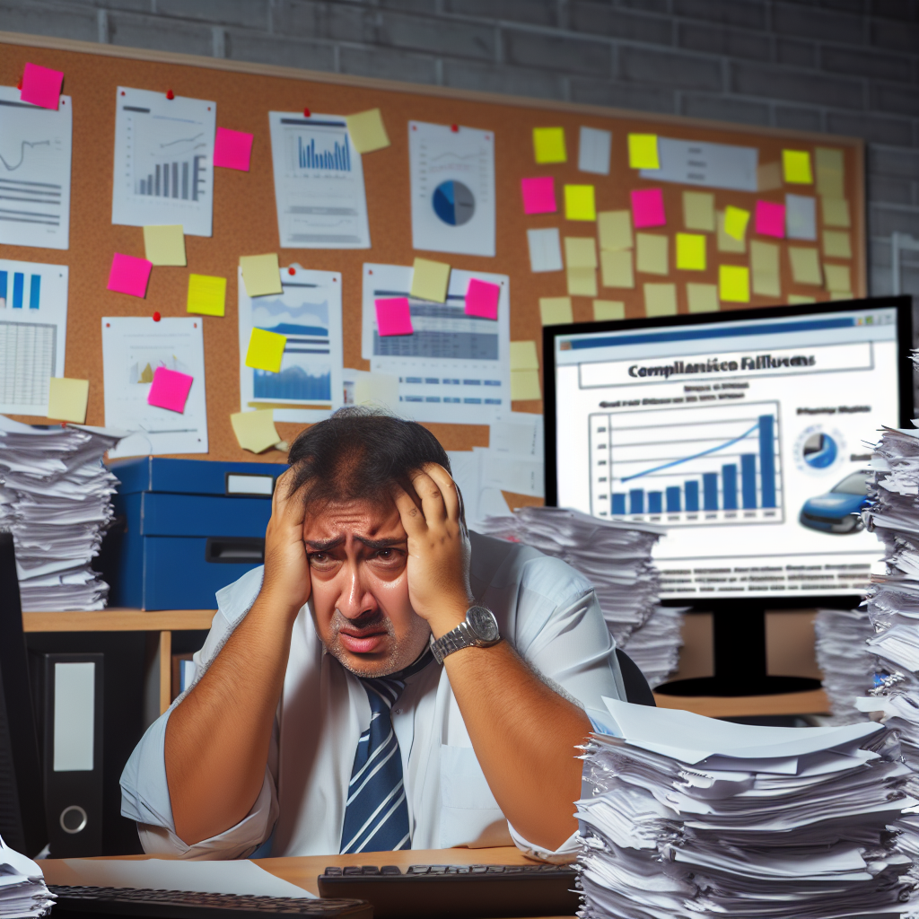 An overwhelmed fleet manager surrounded by compliance documents and financial reports
