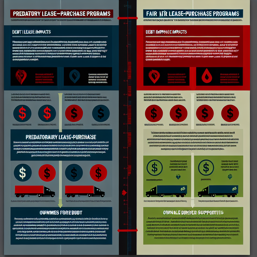 An infographic comparing the impacts of predatory lease-purchase programs versus fair lease-purchase agreements. This image emphasizes the differences in debt impact, ownership potential, and support provided to drivers.