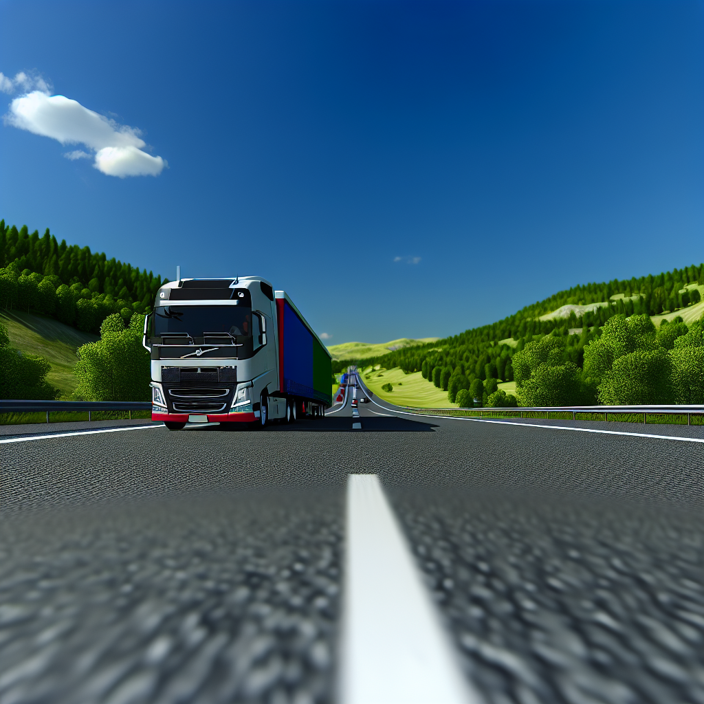 Truck driving on a highway under a clear blue sky.