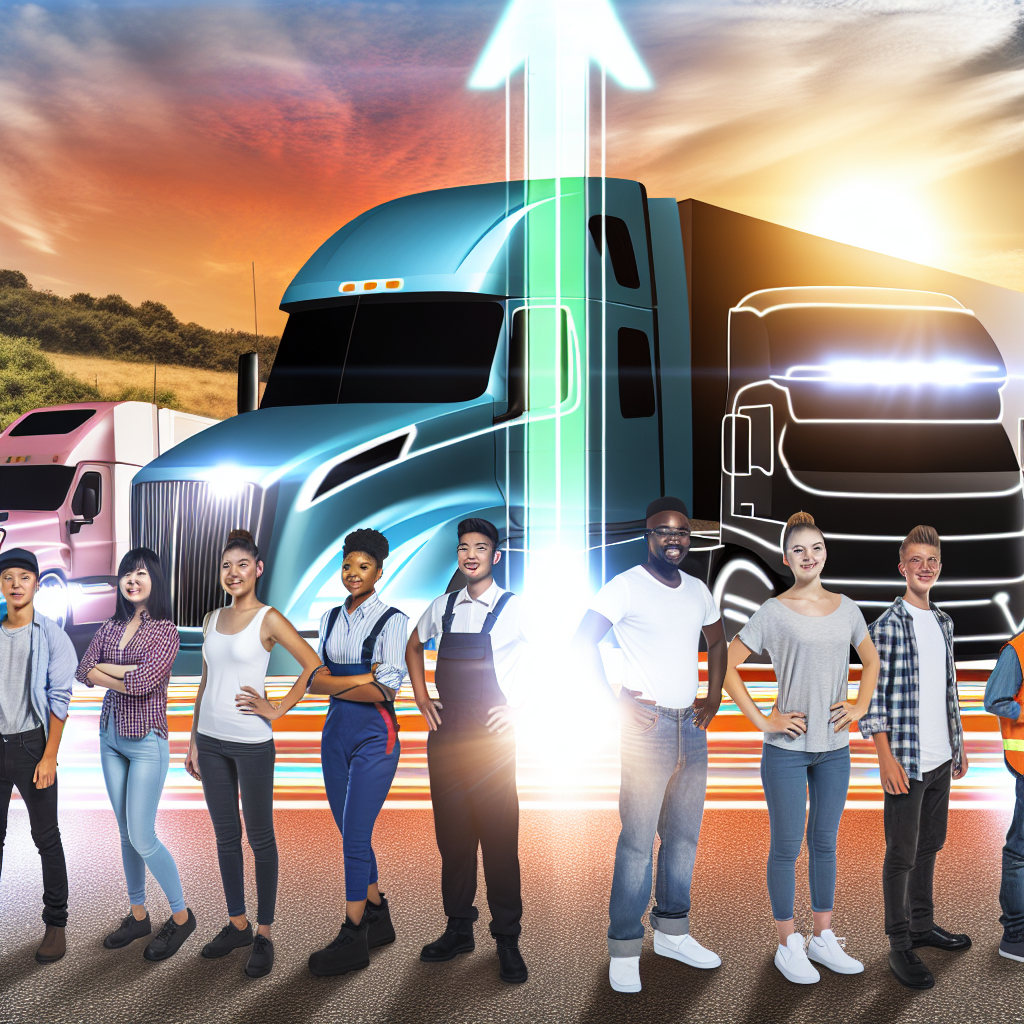 An illustrative image showcasing the potential future of trucking careers, featuring young truck drivers standing proudly beside modern trucks with uplifting elements like a bright sunrise and upward arrows symbolizing career growth.