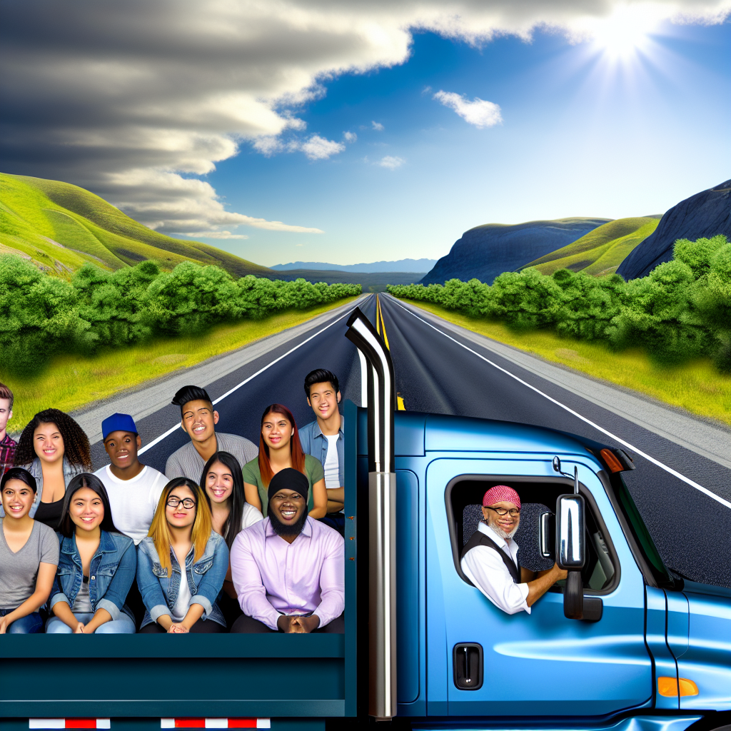 Young truck drivers on the road showcasing diversity and enthusiasm for the under-21 truck driver apprenticeship program.