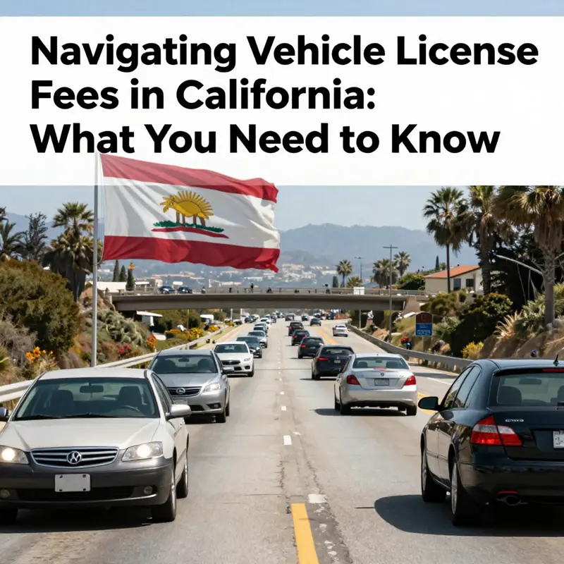 A colorful image depicting a busy California highway with various vehicles under the state flag, representing vehicle licensing.