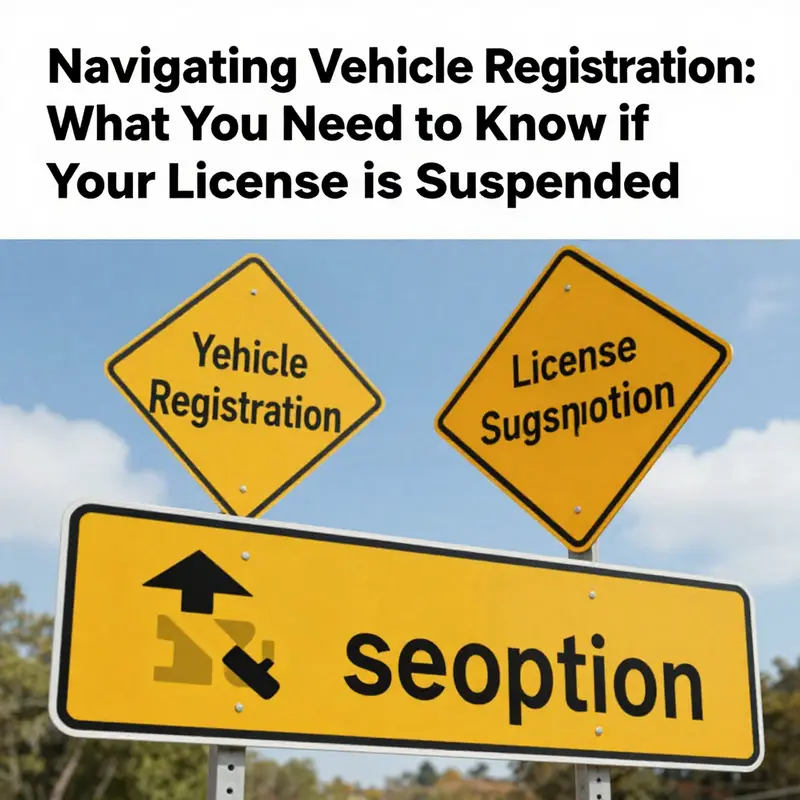 An individual in front of road signs displaying registration and suspension, representing the hurdles faced by drivers.