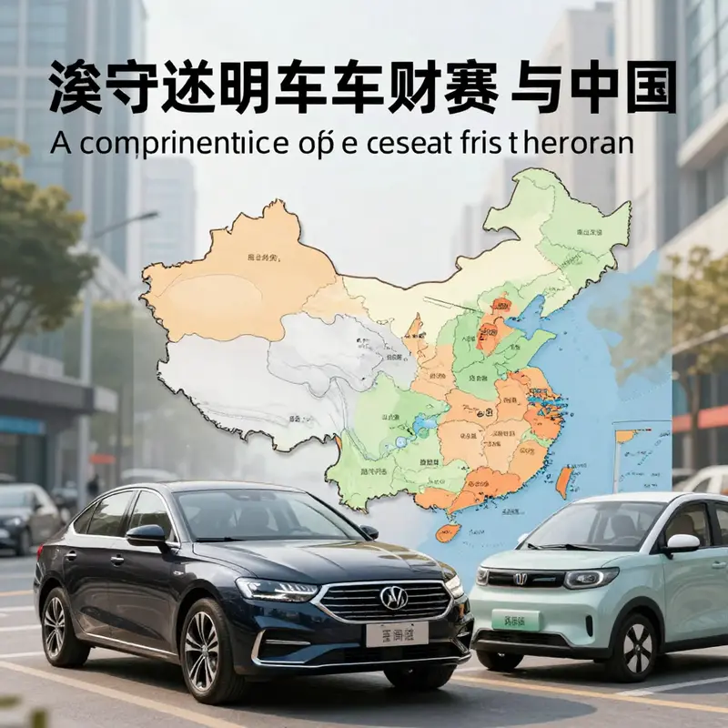 A composite image showcasing the diverse aspects of vehicle ownership in China, including traditional cars, new energy vehicles, and regional fee details.