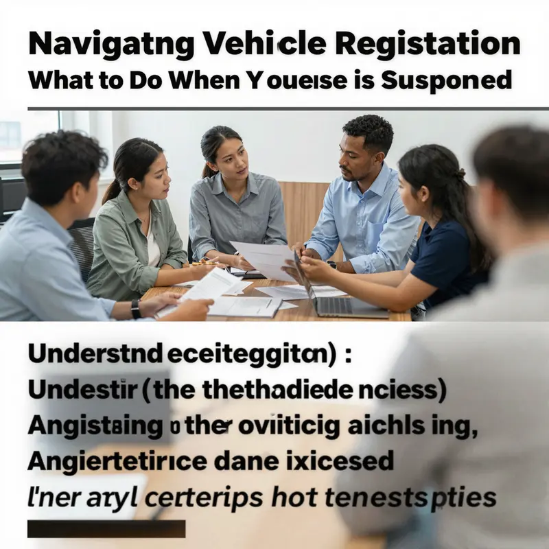 A diverse group of individuals engaging in conversation in a DMV setting about vehicle registration options amidst license suspensions.