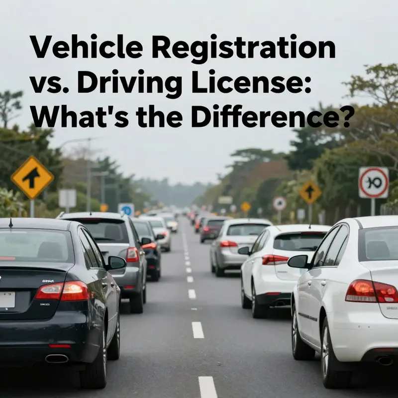 An image featuring different vehicles navigating a busy road, emphasizing the significance of understanding vehicle registration and driving licenses.