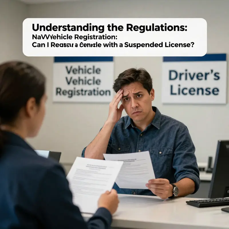 A customer at the DMV dealing with vehicle registration challenges due to a suspended license.