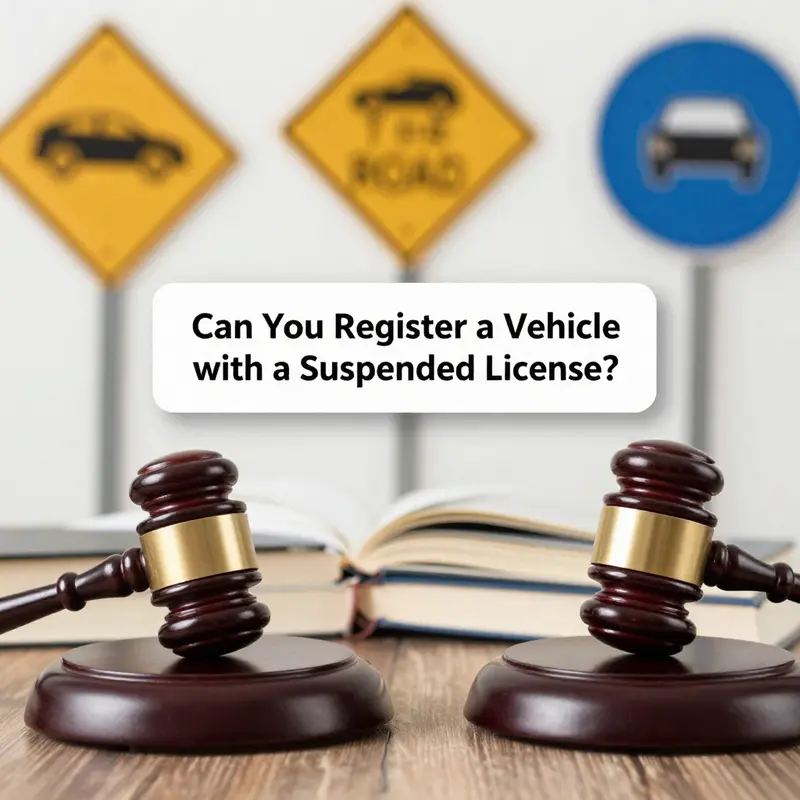 A driver contemplating the complexities of registering a vehicle while holding a suspended license.