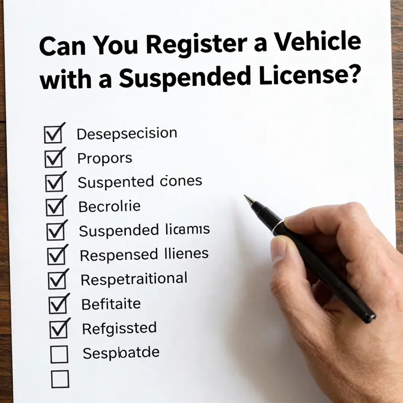 A driver contemplating the complexities of registering a vehicle while holding a suspended license.