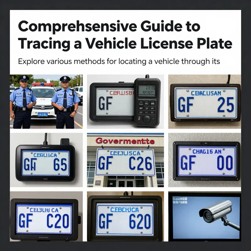 A collage illustrating the diverse methods of tracing a vehicle's license plate, including police action, GPS apps, government inquiries, and CCTV footage.