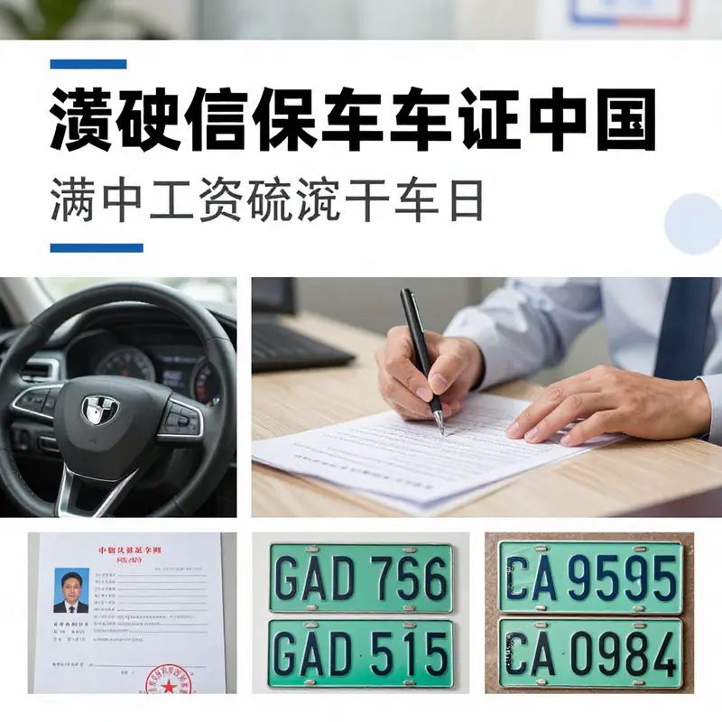 A collage showing various elements of the vehicle licensing process, including documents, license plates, and a person at a vehicle management office.