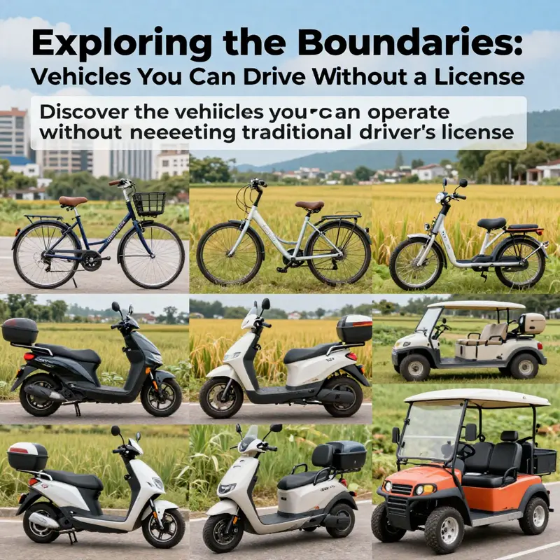 A diverse collage of bicycles, e-bikes, electric scooters, golf carts, and mobility devices illustrating vehicles that can be driven without a license.