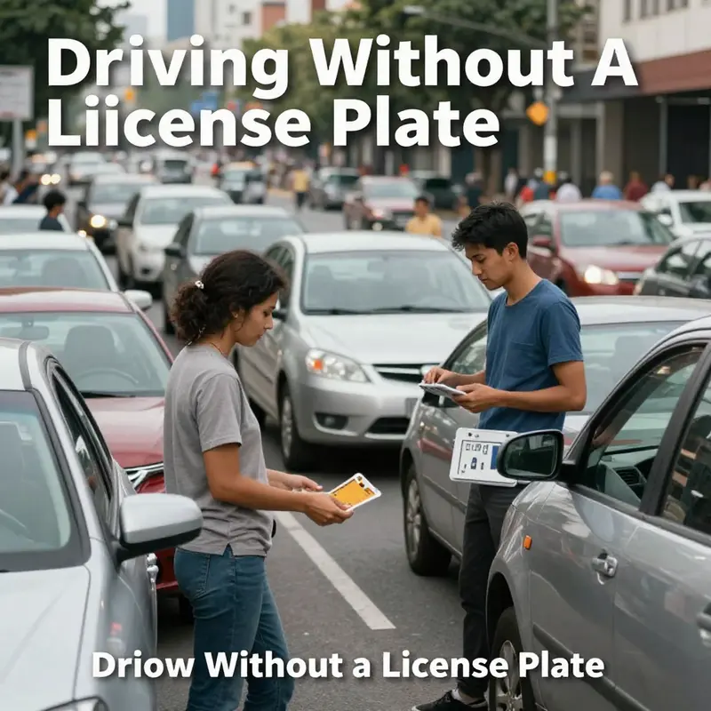 A diverse crowd of drivers looking at various vehicles, with an emphasis on the necessity of visible license plates in urban traffic.
