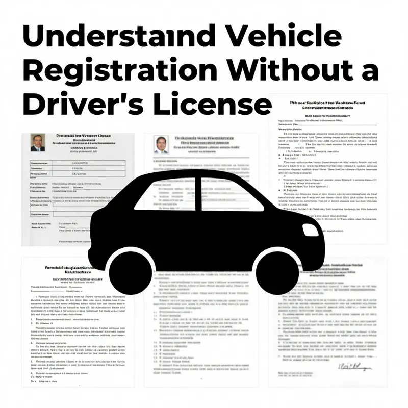 Collage depicting vehicle ownership, registration, and legal aspects without a driver's license.