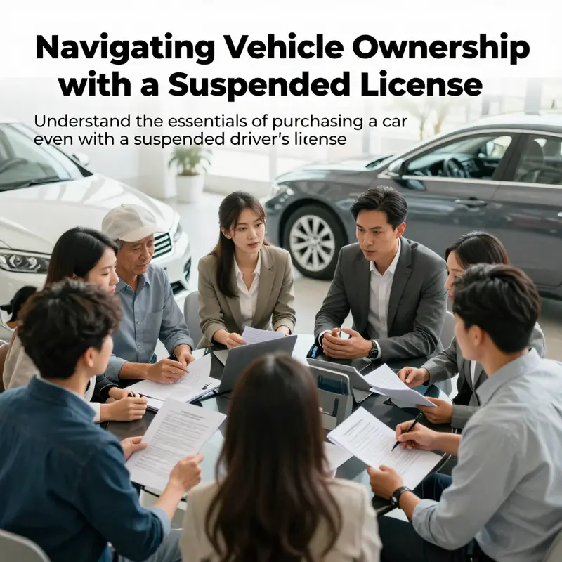 A group of individuals gathered to discuss vehicle ownership issues, surrounded by cars and legal papers.