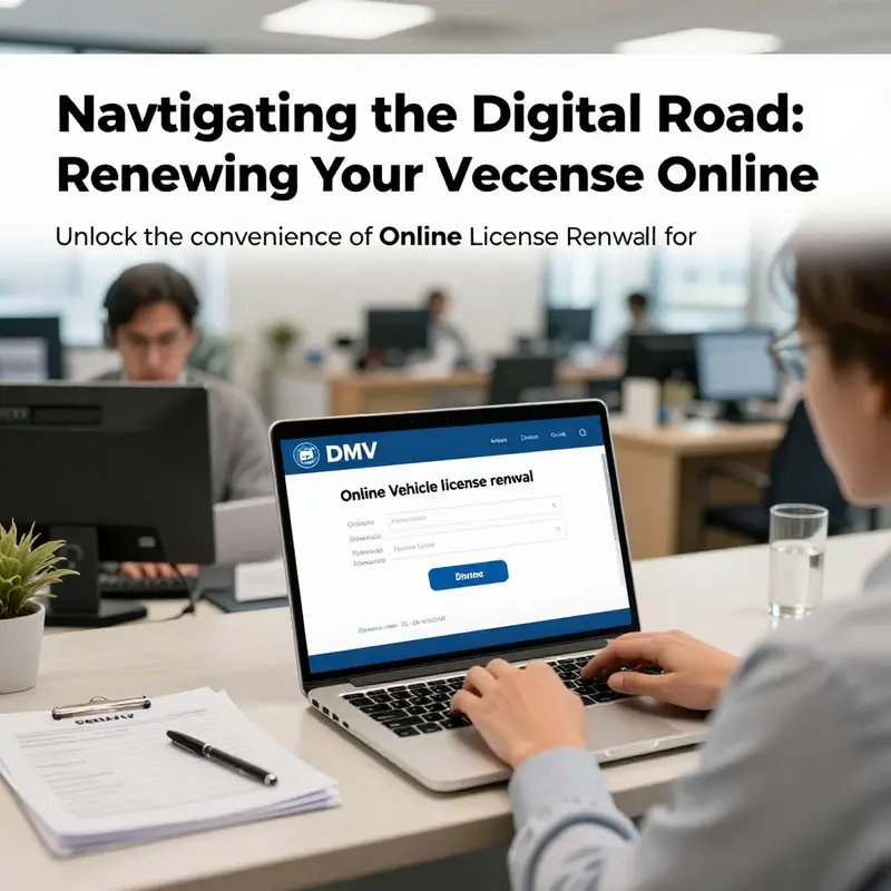 A DMV office scene with a person using a laptop to renew a vehicle license online.