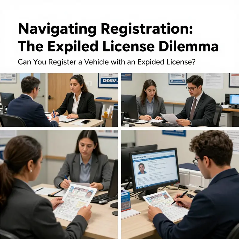 Individuals at a DMV office handling vehicle registration paperwork.