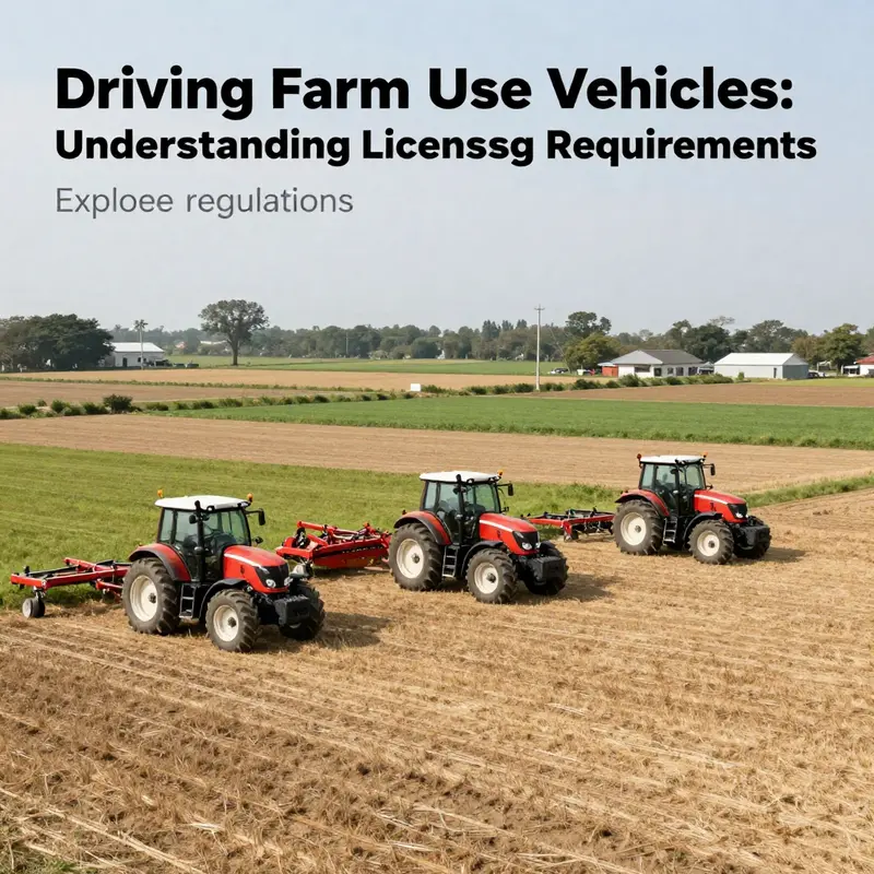 A broad view of farmland displaying various farm vehicles, emphasizing the need for licensing in agricultural operations.