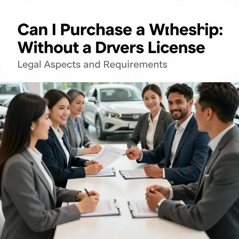 Individuals negotiating a vehicle purchase in a dealership, emphasizing the lack of driver’s license requirements.