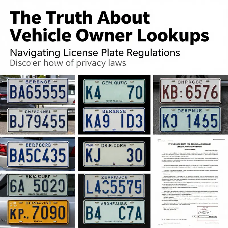 A collage representing vehicle license plates, legal documents, and automotive themes.