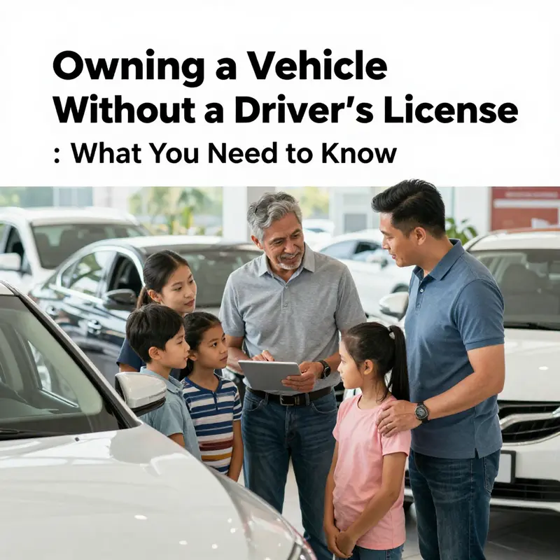 A family exploring car ownership options without a driver’s license at an American dealership.