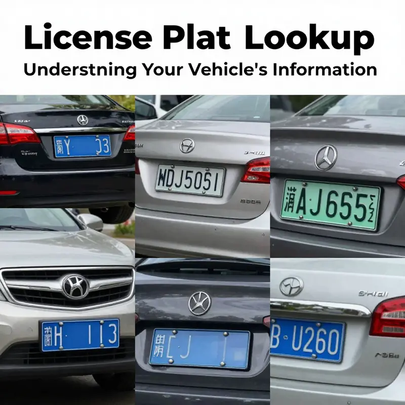 A variety of parked vehicles showcasing close-ups of different license plates.