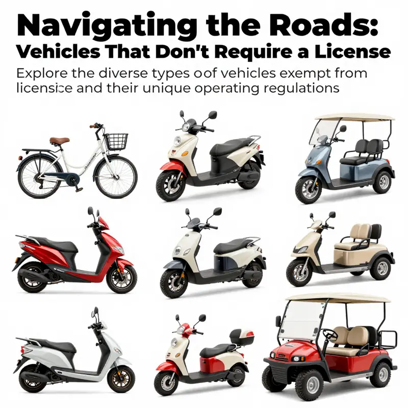 A vibrant collection of vehicles that can be operated without a driver's license, including e-bikes and golf carts.