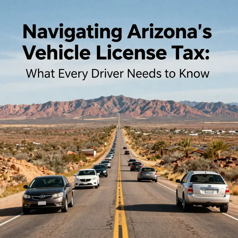 A serene Arizona landscape featuring various vehicles on a road, symbolizing the topic of vehicle license tax in Arizona.