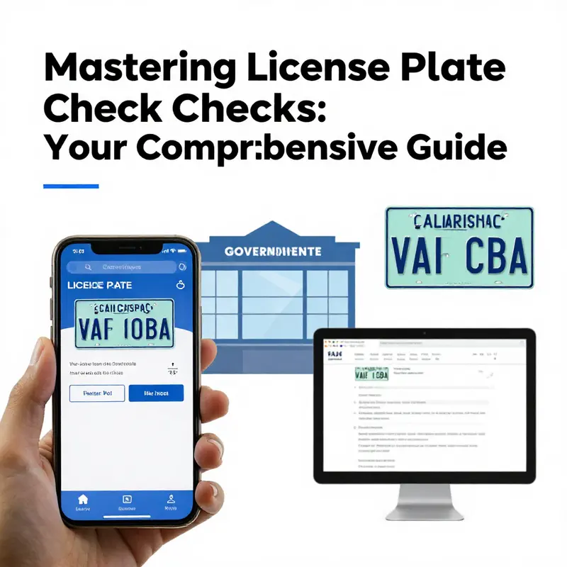 An image depicting various ways to check vehicle license plates: smartphone apps, visiting local offices, and online government resources.