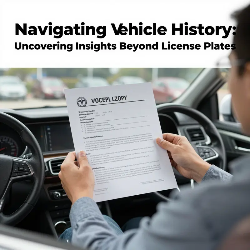 A satisfied driver holding a vehicle history report, surrounded by various vehicles, symbolizing informed ownership.