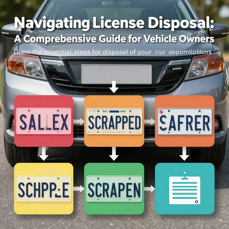 A visual guide showing the steps for disposing of vehicle license plates from selling to scrapping.