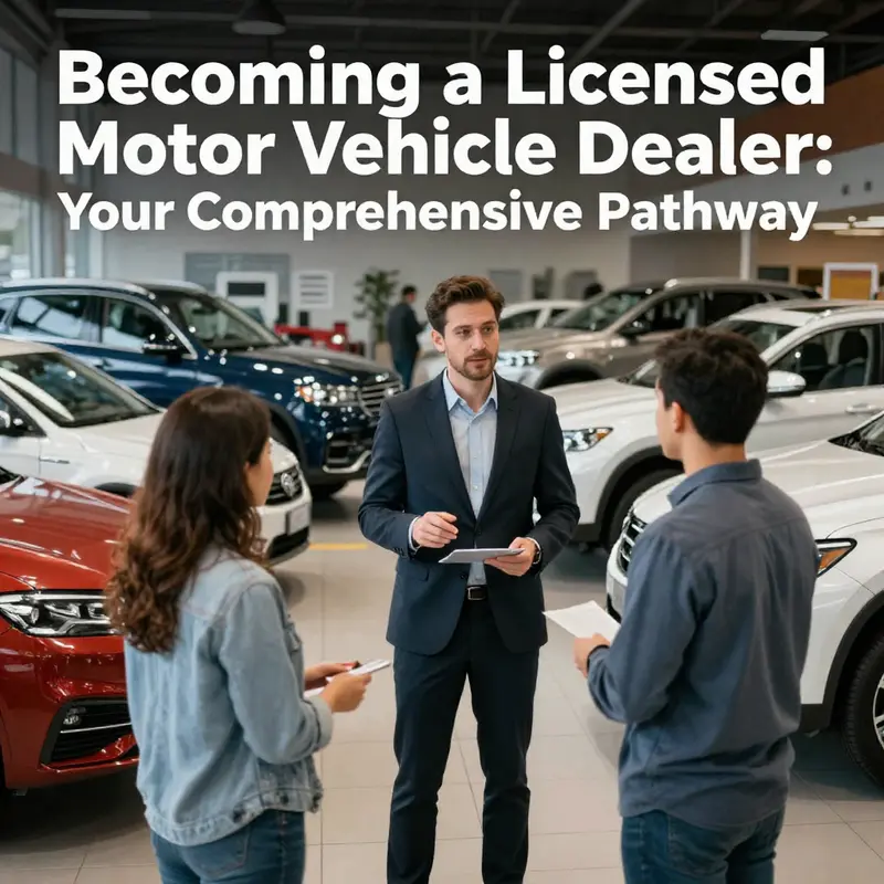 A lively portrayal of a car dealership, capturing the essence of becoming a licensed motor vehicle dealer.