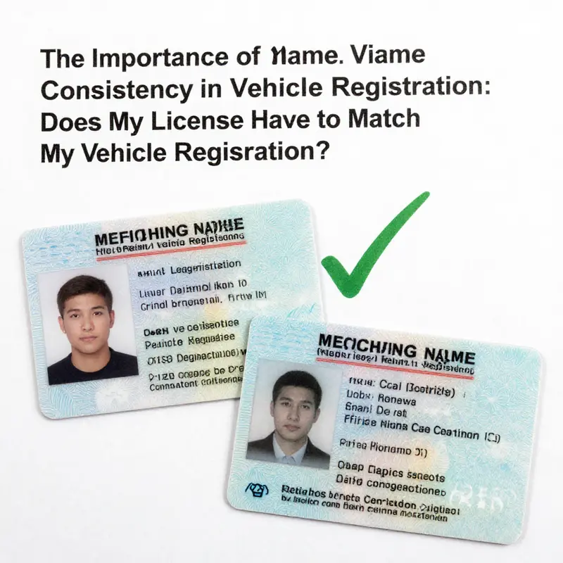 Visual representation of the importance of name consistency between driver’s license and vehicle registration.