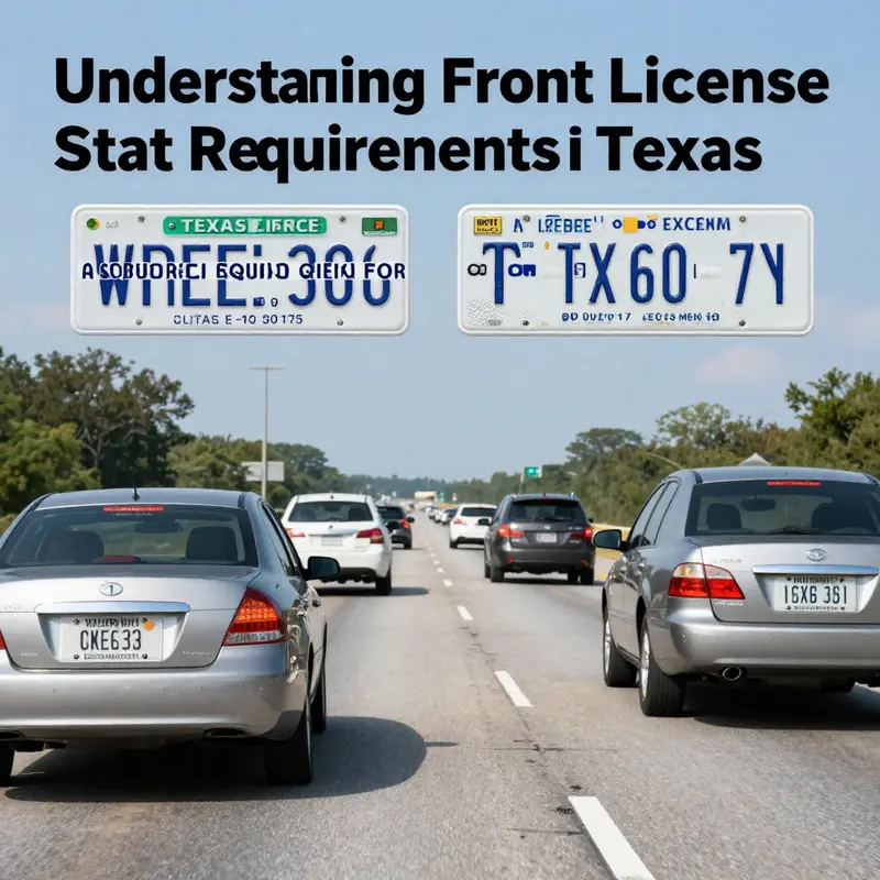 A panoramic view of a Texas highway illustrating vehicles with various license plate styles, depicting state laws.