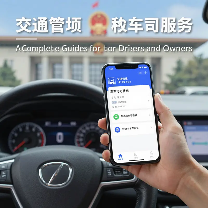 Driver holding smartphone displaying vehicle license status via official app with car and government building in background.
