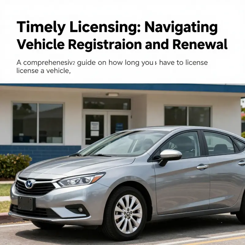 A car parked in front of a DMV office, representing vehicle licensing.
