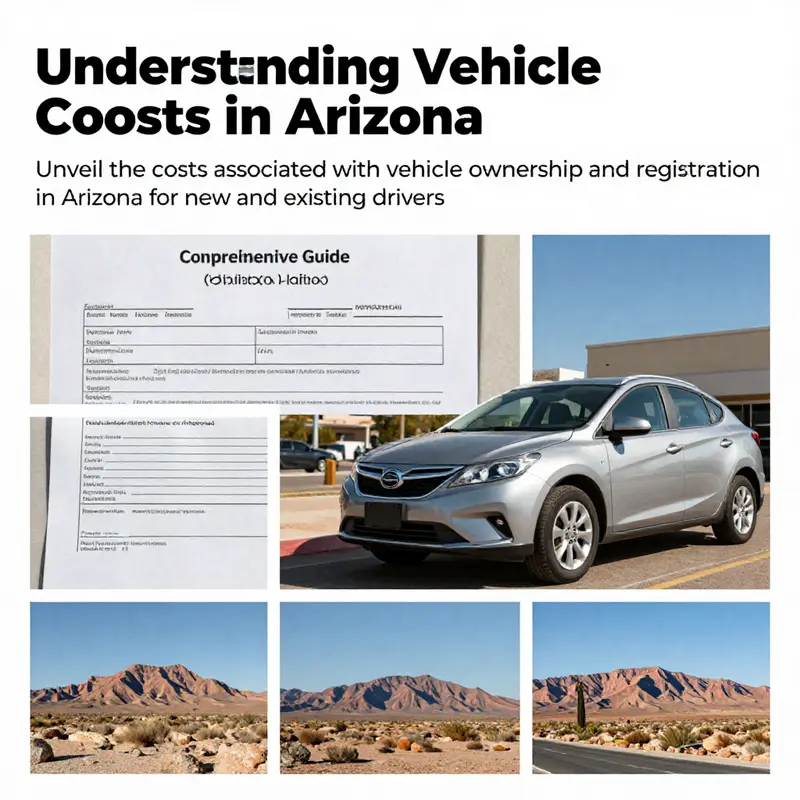 Collage of images depicting the aspects of vehicle registration and ownership in Arizona.