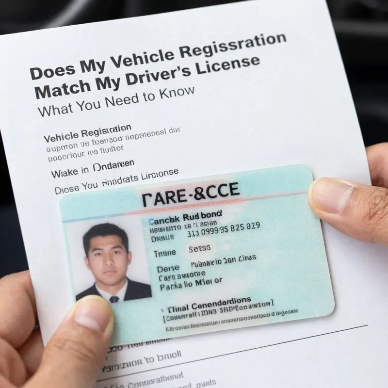 Examining the name alignment between vehicle registration and driver’s license.