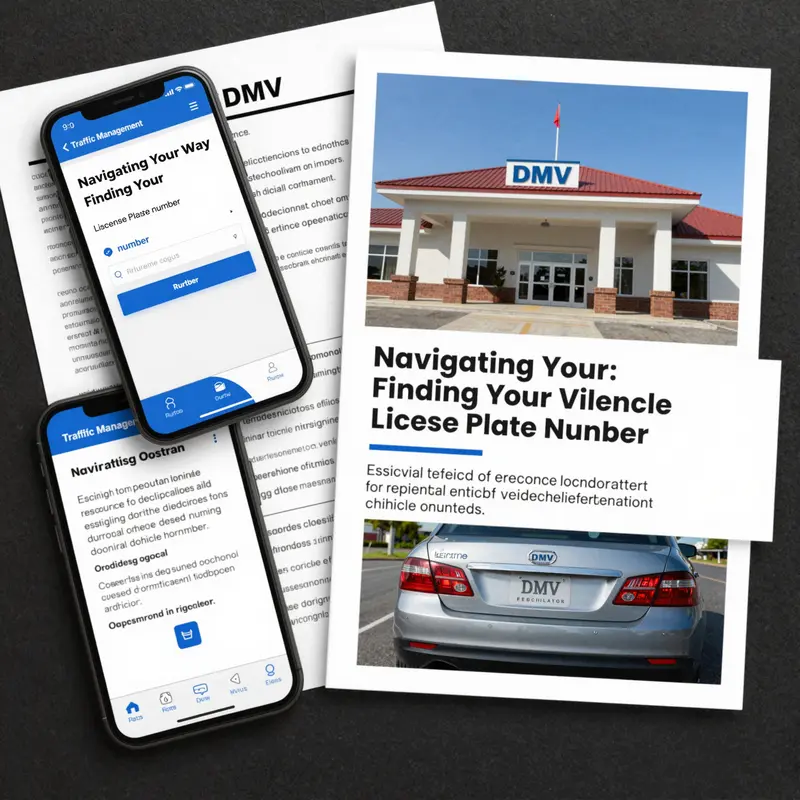 A visual representation of methods for locating a vehicle's license plate number, including mobile apps and physical documents.