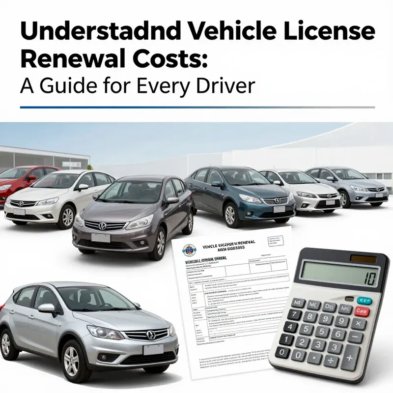 Cover image illustrating vehicle license renewal costs with icons for various vehicle types and renewal documents.
