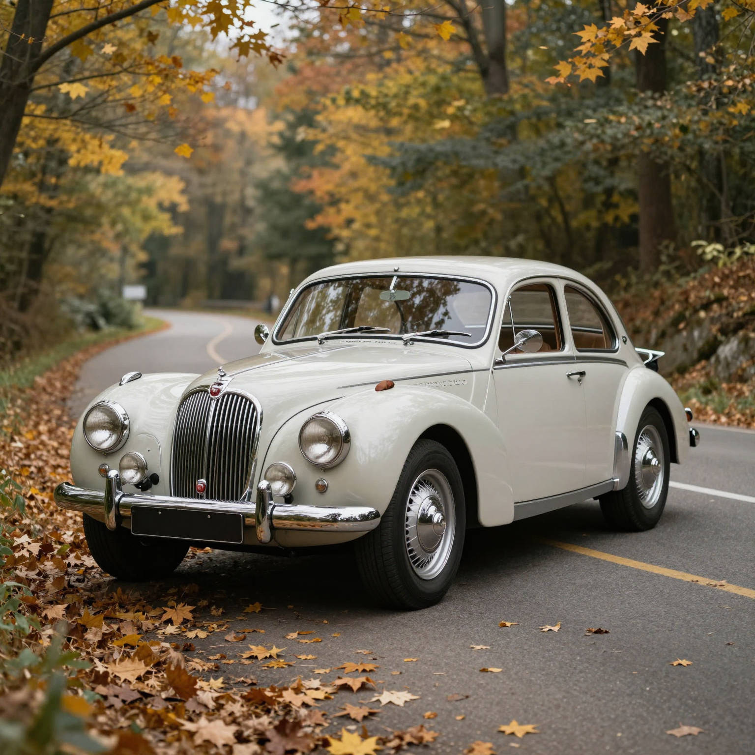 A vintage car parked on a scenic road, with autumn leaves falling around it. The car evokes a sense of nostalgia.
