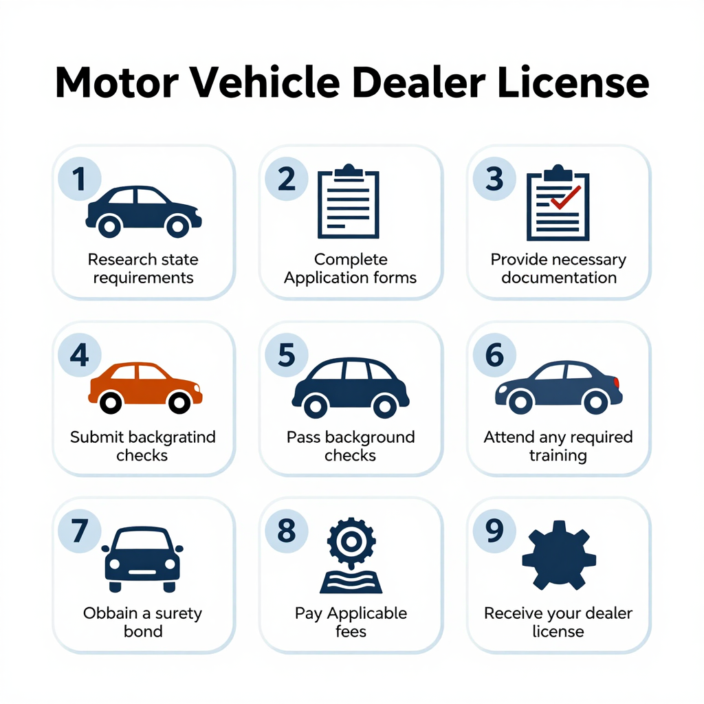 Infographic illustrating the steps to obtain a motor vehicle dealer license