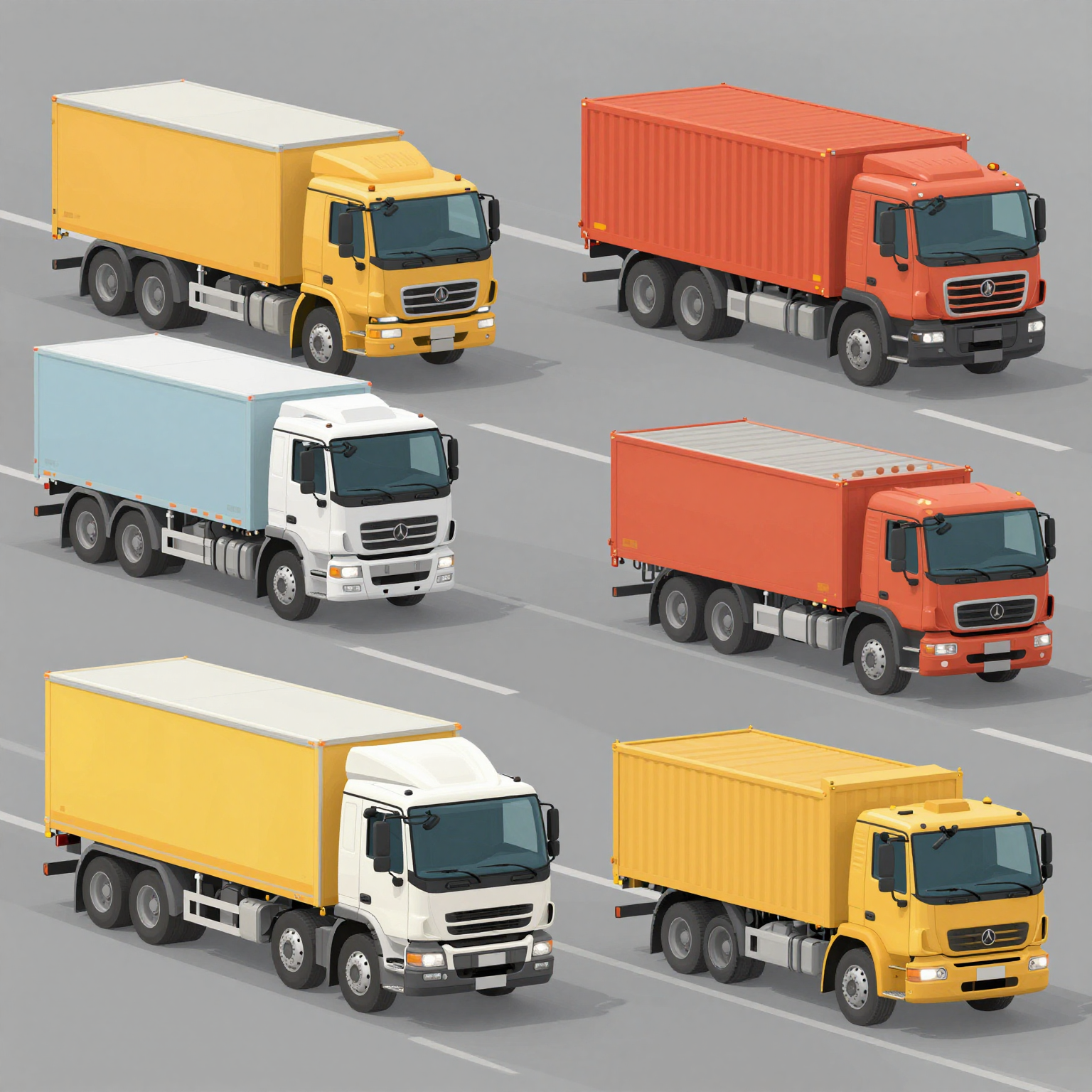 Illustration of a variety of heavy vehicles including trucks, buses, and construction vehicles.