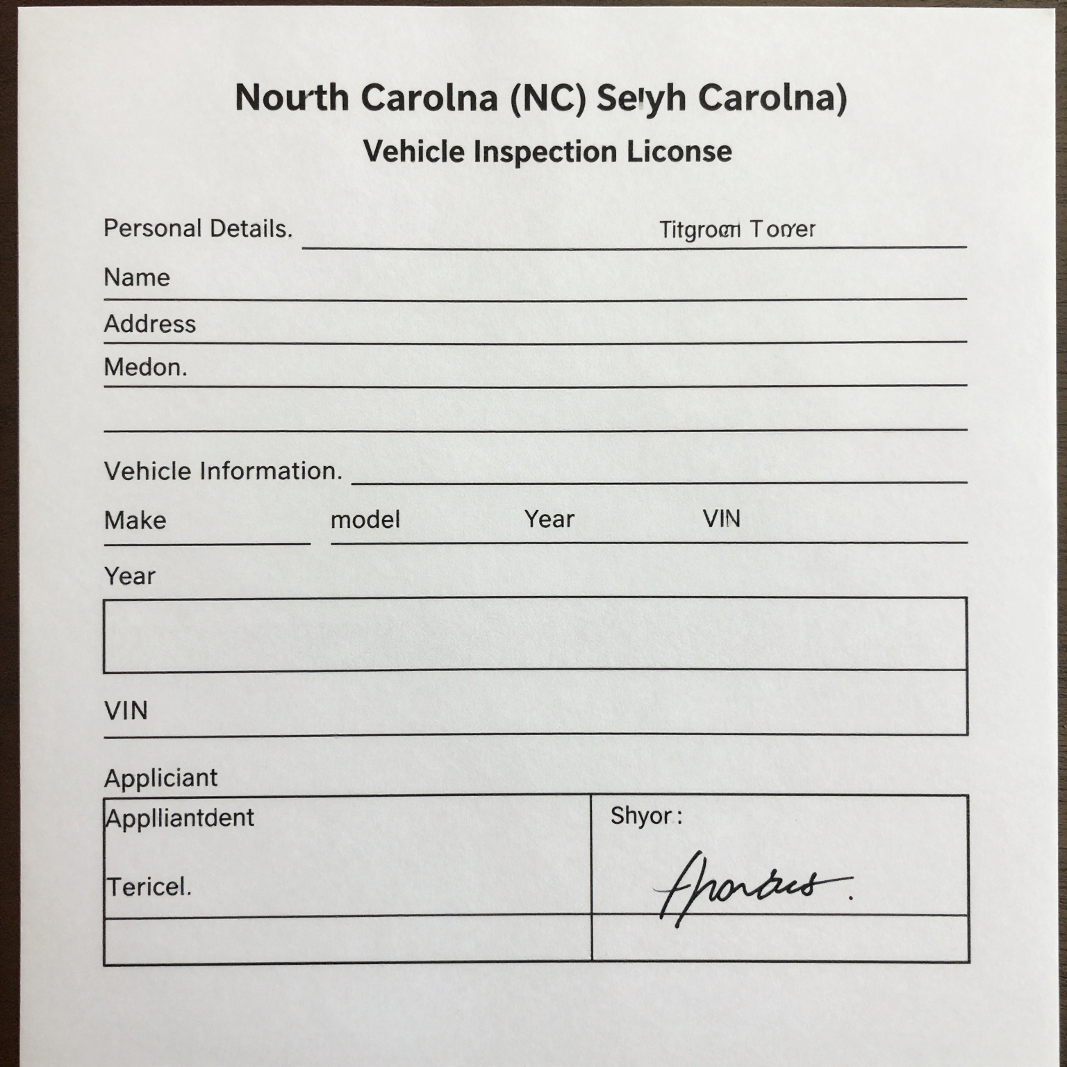 Sample NC Vehicle Inspection License Application Form