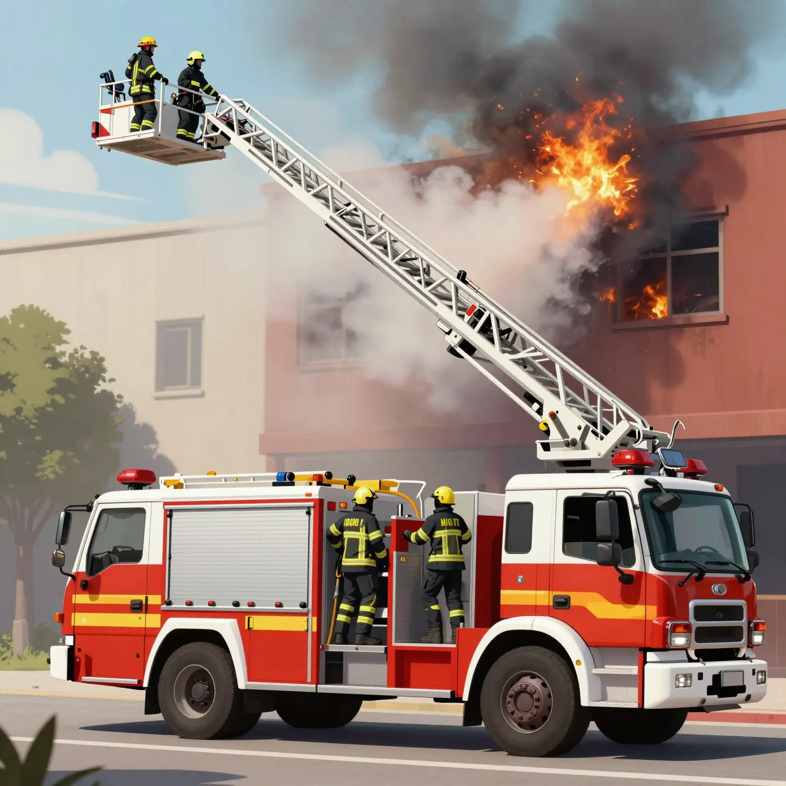 A fire engine ladder truck in action