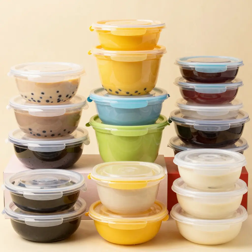 A vibrant and engaging visual representation of various plastic food containers, showcasing different shapes, sizes, and colors. The image should appeal to restaurant and food service professionals, including bubble tea shops, beverage chains, food trucks, catering services, event planners, and corporate procurement teams. The setting should be bright and cheerful, highlighting the containers' practical and aesthetic features.