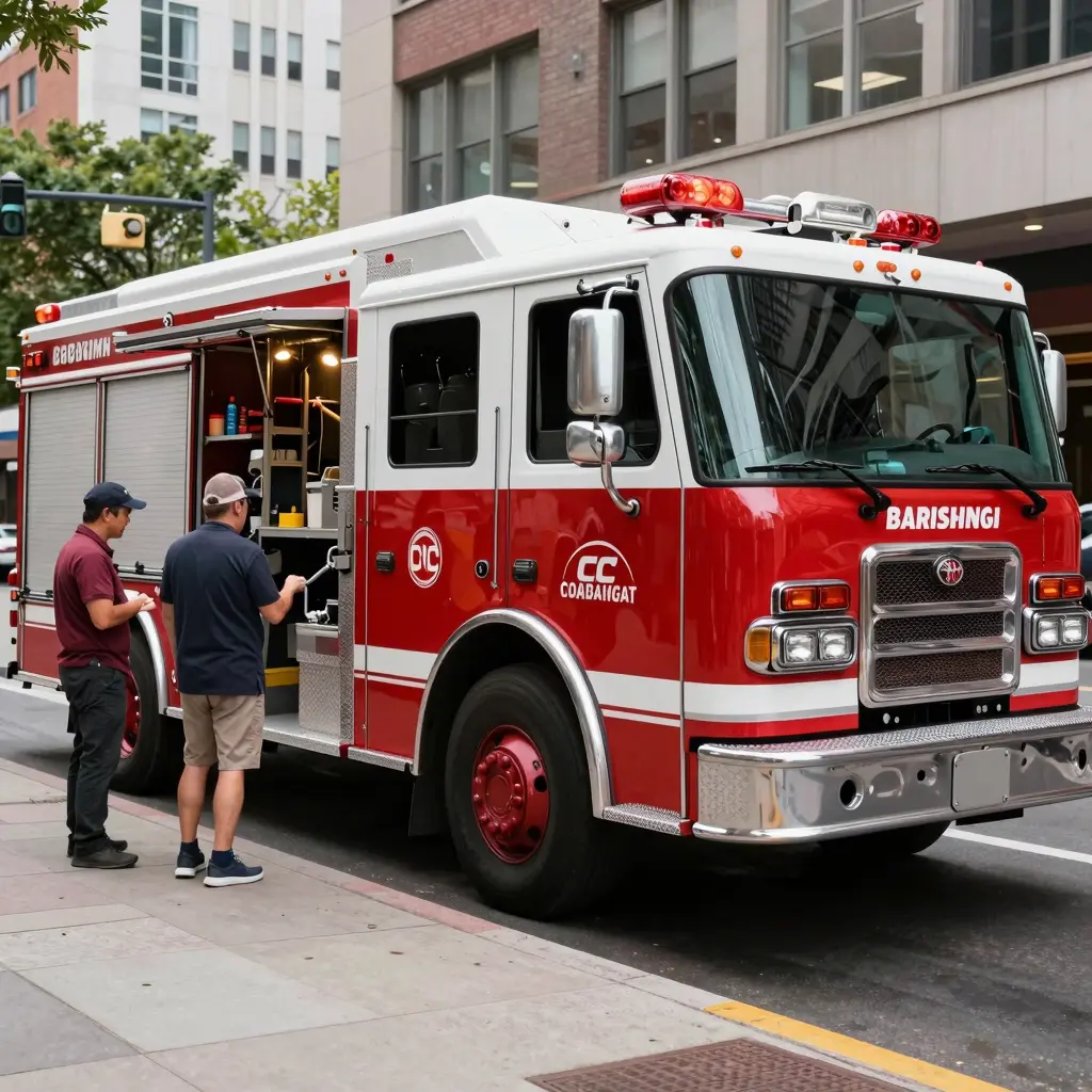 Illustration of a retired fire truck being used for various business applications