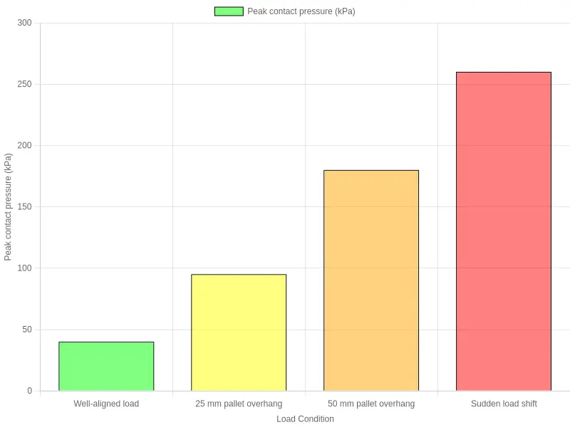 Bar chart showing peak localized contact pressure rising from a well-aligned load to loads with pallet overhang and sudden shifts