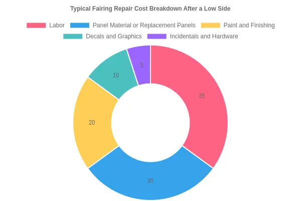 Typical fairing repair cost breakdown after a low side, shown as a doughnut chart
